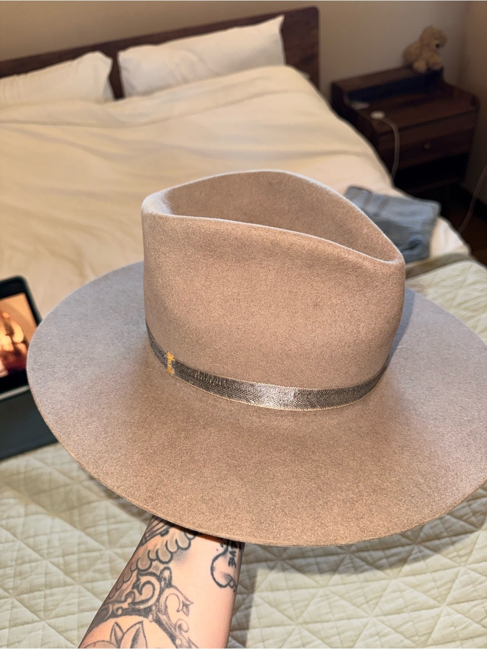 Taupe Wool Felt Wide-Brim Hat with Leather Band